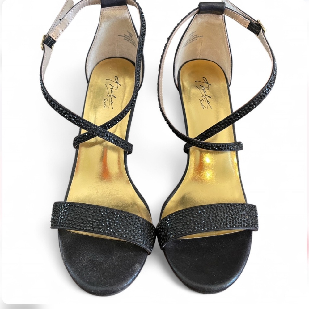 Thalia Sodi‎ Black and Gold Strappy Heels